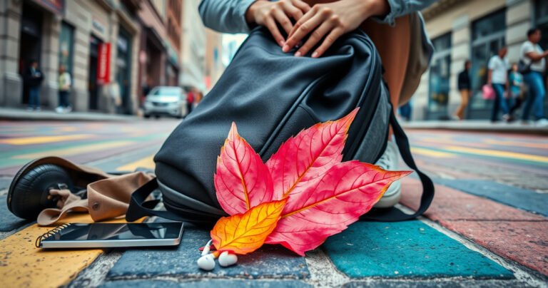 A person kneeling on a colorful urban street, rummaging through a stylish backpack, surrounded by scattered items like a notebook and snacks, while a bright pair of earbuds lies partially hidden beneath a vibrant leaf. The scene exudes a sense of urgency and determination, with city buildings and people bustling in the background.