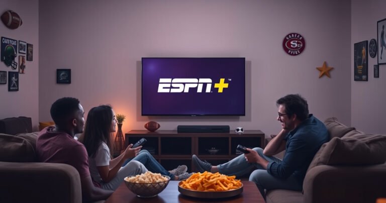 A cozy living room scene featuring a sleek flat-screen TV displaying the ESPN Plus logo, surrounded by snacks like popcorn and nachos. A family of diverse backgrounds sits on a comfortable couch, engaged and excited, with a remote in hand. Bright ambient lighting adds warmth, while sports memorabilia decorates the walls, creating an inviting atmosphere for game day.
