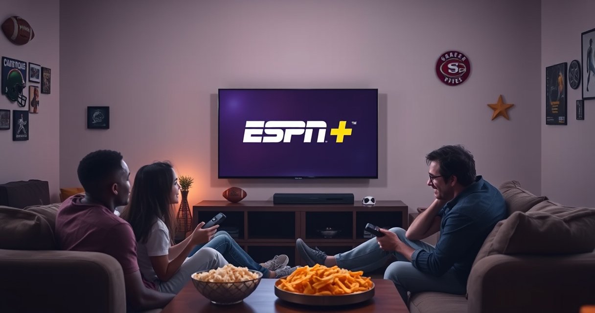 A cozy living room scene featuring a sleek flat-screen TV displaying the ESPN Plus logo, surrounded by snacks like popcorn and nachos. A family of diverse backgrounds sits on a comfortable couch, engaged and excited, with a remote in hand. Bright ambient lighting adds warmth, while sports memorabilia decorates the walls, creating an inviting atmosphere for game day.