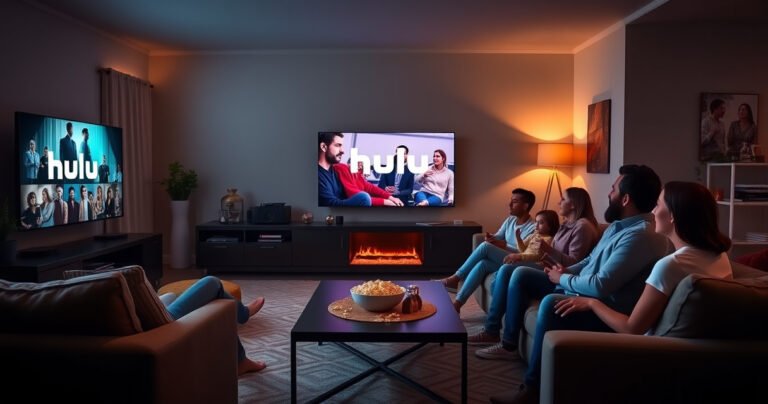 A sleek and modern living room with a large Smart TV displaying the Hulu logo, cozy seating arrangements, soft ambient lighting, a bowl of popcorn on a coffee table, and a family excitedly gathered, all immersed in streaming their favorite shows, showcasing a warm, inviting atmosphere perfect for home entertainment.