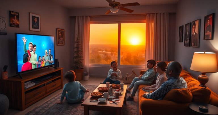 A cozy living room scene with a family gathered around a large television, joyfully watching a colorful Ion TV show. The walls are adorned with posters of classic movies, snacks scattered on a coffee table, and a warm glow from a nearby lamp. Outside the window, a sunset casts a golden hue, creating a welcoming atmosphere.