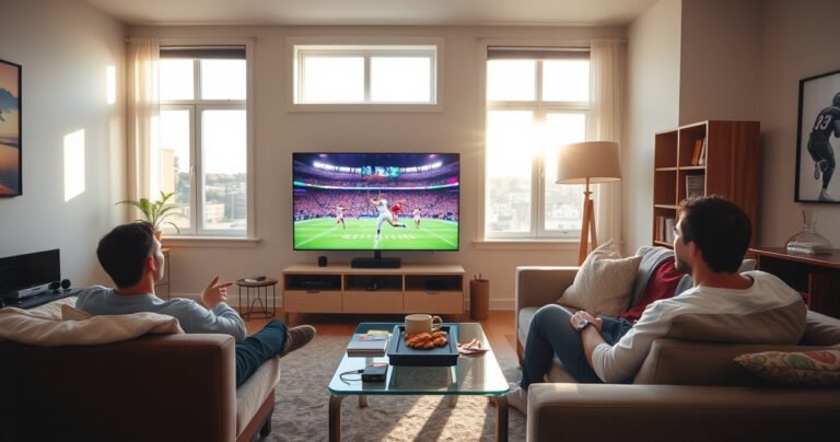A cozy living room with a modern TV displaying vibrant live sports, a couple relaxing on a plush sofa, snacks scattered on a coffee table, streaming devices visible nearby, bright sunlight streaming through large windows, and a sense of excitement and connection in the air, hinting at a cable-free lifestyle.