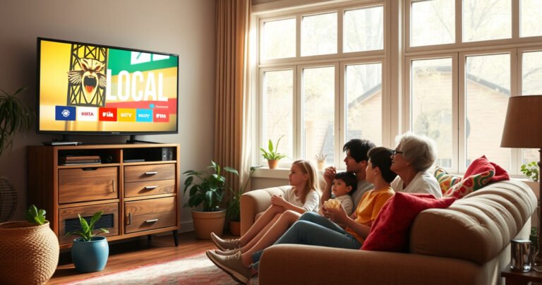A cozy living room with a large window, sunlight streaming in, featuring a vintage wooden TV set displaying vibrant local channels. A family sits together on a plush sofa, popcorn in hand, surrounded by plants and colorful throw pillows, creating a warm, inviting atmosphere that highlights the joy of cable-free viewing.