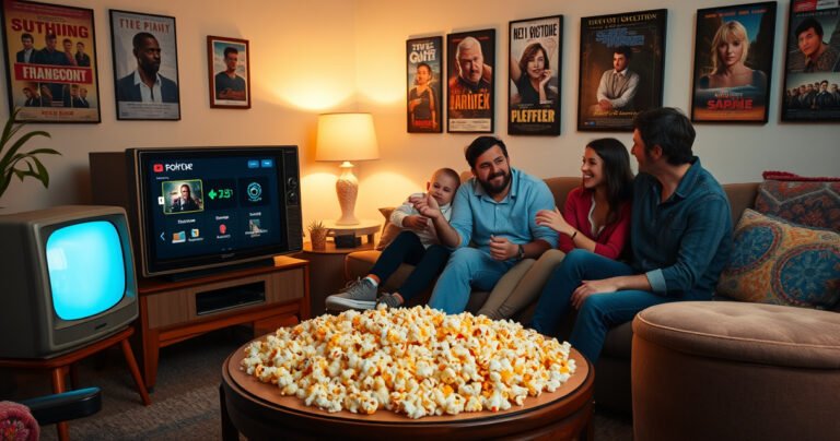 A cozy living room featuring a vintage non-smart TV, vibrant popcorn scattered on a coffee table, a soft, inviting sofa adorned with colorful throw pillows, and a family gathered around, excitedly discussing streaming options, warm lighting casting a glow, with a wall adorned with movie posters, creating a nostalgic yet modern atmosphere.