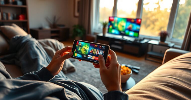 A cozy living room scene with a person relaxed on a sofa, holding a smartphone displaying vibrant TV content. Surrounding are snacks, a blanket, and a large window letting in warm sunlight, while a small TV in the background hints at a traditional viewing experience. The atmosphere is inviting and tech-savvy.