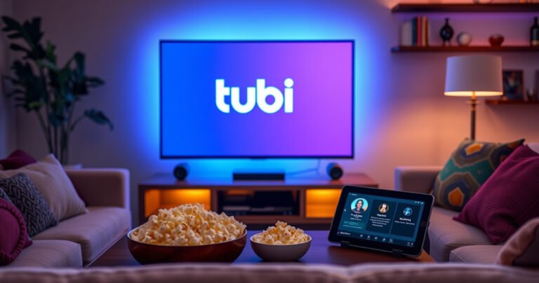 A cozy living room featuring a sleek Smart TV displaying the Tubi logo, surrounded by a plush sofa and colorful throw pillows. Soft ambient lighting creates a warm atmosphere, while a bowl of popcorn sits on the coffee table. Include a small tablet showing a tutorial, emphasizing comfort and technology in entertainment.