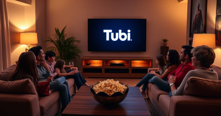 A cozy living room with a modern smart TV displaying the Tubi logo, surrounded by family members eagerly gathering on a plush sofa. Soft ambient lighting enhances the inviting atmosphere, while a bowl of popcorn sits on the coffee table, creating a warm, engaging scene of movie night enjoyment.