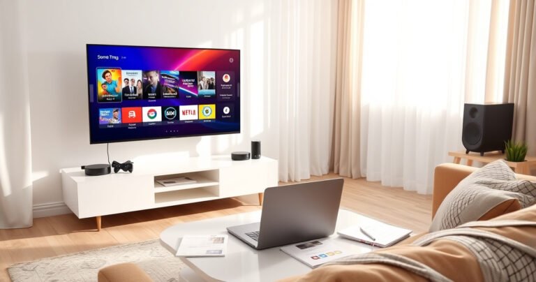 A bright living room with a sleek, modern TV displaying vibrant apps, surrounded by tech gadgets like a streaming device, smart speaker, and remote control. Soft sunlight filters through curtains, highlighting a cozy sofa with a laptop and user-friendly manuals on the coffee table, creating an inviting atmosphere for tech enthusiasts.