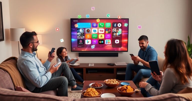 A cozy living room with a modern TV displaying a vibrant screen mirroring interface. A family joyfully gathers around, holding smartphones and tablets, with colorful app icons floating in the air. Soft lighting highlights a plush sofa and a coffee table with snacks, creating an inviting atmosphere for tech-savvy viewers ready to connect.