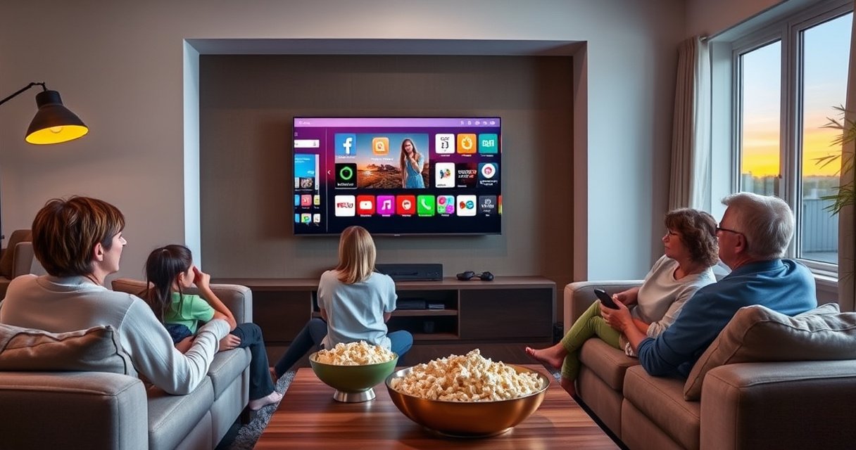 A cozy living room with a modern smart TV displaying a vibrant smartphone interface, a family gathered on a plush sofa, colorful smartphone apps mirroring on the screen, warm lighting, a bowl of popcorn on the coffee table, and a window revealing a sunset outside, creating an inviting atmosphere of tech-savvy togetherness.