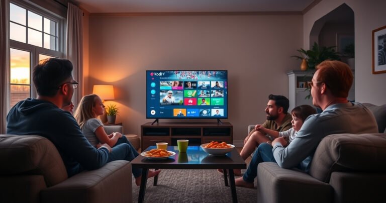 A cozy living room with a modern TV displaying the Kodi interface, surrounded by plush couches and a coffee table with snacks. Soft ambient lighting illuminates the space, while a family enjoys a live sports game, excitement on their faces. In the background, a window reveals a sunset sky, enhancing the warm atmosphere of the scene.