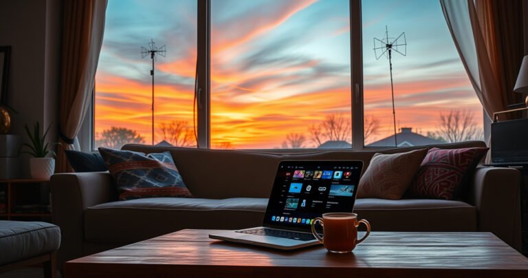 A cozy living room with a large window showing a vibrant sunset, a comfortable couch with colorful cushions, an old-fashioned antenna on the roof, a laptop open on a coffee table streaming local channels, and a steaming cup of tea beside it, creating a warm, inviting atmosphere of modern entertainment without cables.