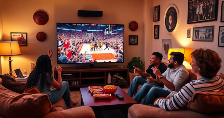 A cozy living room with a large flat-screen TV displaying an intense NBA game, vibrant team colors filling the screen. A group of friends, snacks scattered around, cheer excitedly on a plush sofa. Warm lighting enhances the atmosphere, showcasing basketball memorabilia on the walls, while a remote control rests on a coffee table, hinting at the viewing experience.