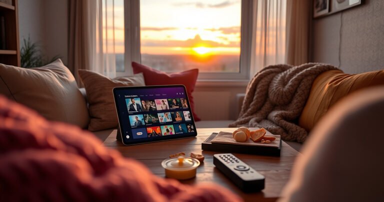 A cozy living room scene with a stylish iPad displaying vibrant streaming options, surrounded by plush cushions and a warm blanket. Soft lighting casts a relaxing glow, while snacks and a remote rest on a wooden coffee table. A window reveals a beautiful sunset, creating an inviting atmosphere for binge-watching shows.