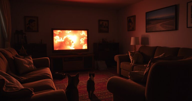 A cozy living room at dusk, with a flickering television screen casting a warm glow. The room is adorned with plush furniture and scattered remotes, while a curious cat watches intently. Shadows dance on the walls, hinting at mysterious electronic glitches. A subtle sense of intrigue and technology's quirks fills the atmosphere.