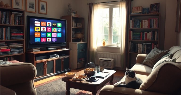 A cozy living room with a vintage television displaying colorful streaming icons, surrounded by plush furniture and a coffee table filled with snacks. Sunlight streams through a window, illuminating a bookshelf filled with DVDs and books about technology, while a cat lounges lazily nearby, embodying a relaxed, cable-free lifestyle.