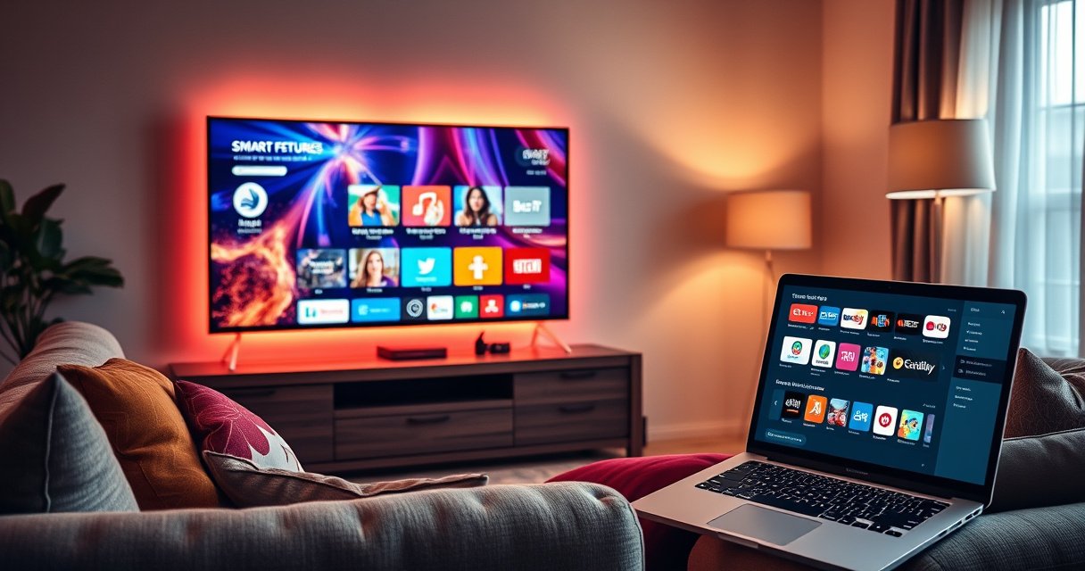A cozy living room with a sleek, modern TV displaying vibrant smart features, surrounded by a comfortable couch, colorful throw pillows, and a warm, inviting atmosphere. Soft ambient lighting highlights tech gadgets, a remote control, and a laptop open to streaming services, symbolizing the transition to a smart home hub filled with entertainment possibilities.