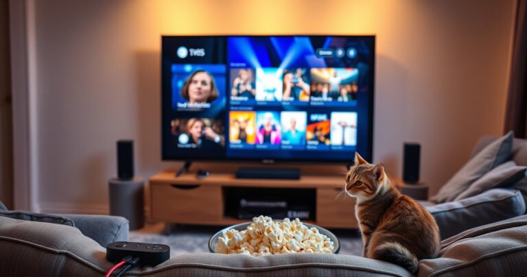 A cozy living room with a sleek, modern TV displaying vibrant streaming content, surrounded by tech gadgets like a smart remote, streaming device, and colorful cables. Soft lighting casts a warm glow, highlighting a comfortable couch, popcorn bowl, and a curious cat watching intently, creating an inviting atmosphere for tech upgrades and entertainment.