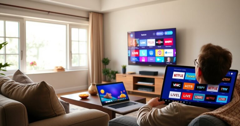 A cozy living room with a large flat-screen TV displaying colorful streaming icons, surrounded by a comfortable couch, snacks on the coffee table, and an open window letting in bright sunlight. A laptop sits nearby, showing various live TV app logos, with a relaxed person flipping through options, embodying a modern, cable-free viewing experience.