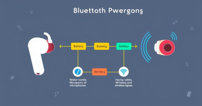 An illustrated step-by-step diagram showcasing the inner workings of Bluetooth earbuds, featuring colorful labels and arrows connecting components like batteries, microphones, and wireless signals, set against a sleek, modern background with subtle tech motifs, emphasizing clarity and simplicity to engage readers.