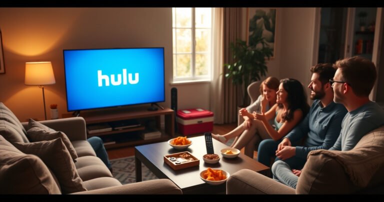 A cozy living room scene featuring a sleek smart TV displaying the Hulu logo, with a remote control on a plush sofa, warm light streaming through a window, snacks scattered on a coffee table, and a family gathered around, eagerly trying to activate their favorite streaming service, creating an inviting and relatable atmosphere.