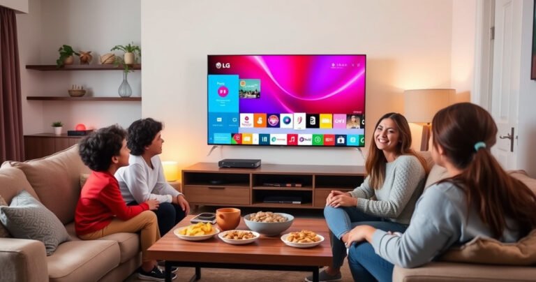 A cozy living room featuring an LG Smart TV displaying vibrant app icons, surrounded by a plush sofa, a coffee table with snacks, and warm ambient lighting. A family engages with the TV, laughter echoing, showcasing a blend of technology and togetherness in a modern home setting.