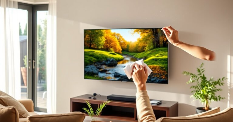A serene living room with a sleek Samsung Smart TV displaying a vibrant nature scene, surrounded by cozy furnishings. A person gently cleaning the screen with a microfiber cloth, sunlight streaming through a window, highlighting dust particles in the air. Nearby, a small plant adds a touch of green, creating a tranquil, inviting atmosphere.