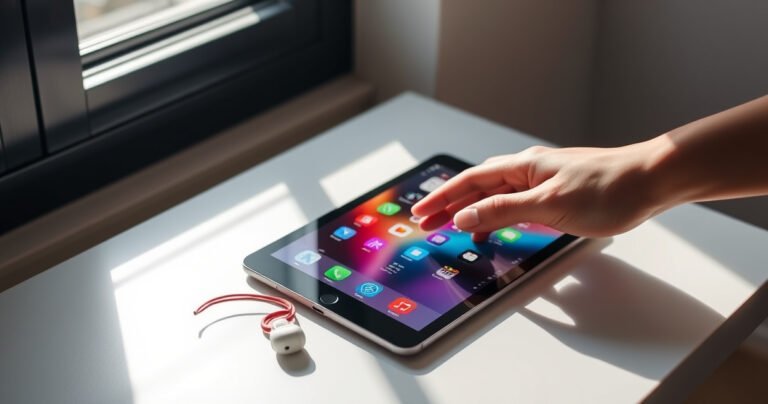 A sleek, modern iPad on a minimalist desk, with a vibrant pair of wireless earphones resting beside it. Soft sunlight streams through a nearby window, casting gentle shadows. Colorful app icons glow on the screen, and a hand is poised, ready to connect the earphones. The atmosphere is tech-savvy and inviting, perfect for a digital connection.