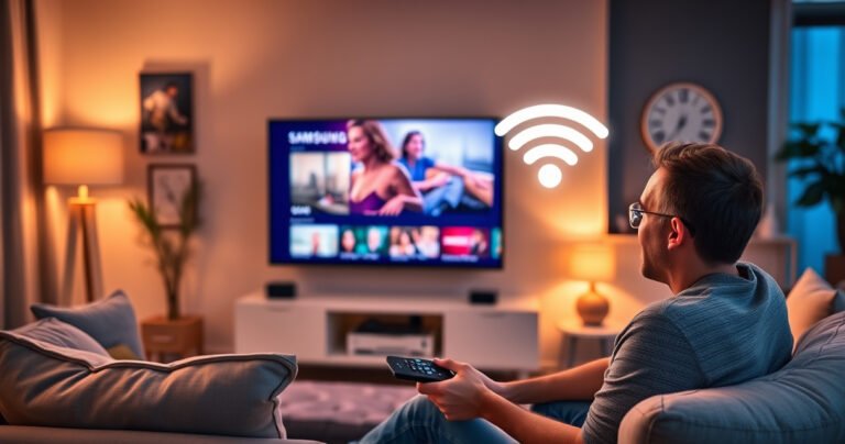 A sleek Samsung Smart TV glowing in a cozy living room, surrounded by a modern sofa and chic decor, displaying vibrant streaming content. A user sits nearby, an excited expression while holding a remote, with a glowing Wi-Fi signal icon in the background, symbolizing strong internet connectivity. Warm lighting enhances the inviting atmosphere.