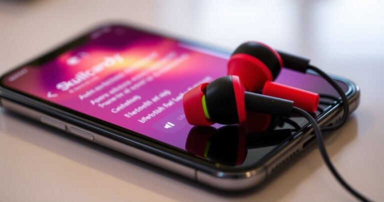 A close-up of vibrant Skullcandy earbuds resting on a sleek, modern smartphone screen displaying a Bluetooth settings menu, with colorful sound waves emanating from the earbuds, evoking a sense of connectivity and music. The background is softly blurred, highlighting the earbuds and smartphone as the central focus.