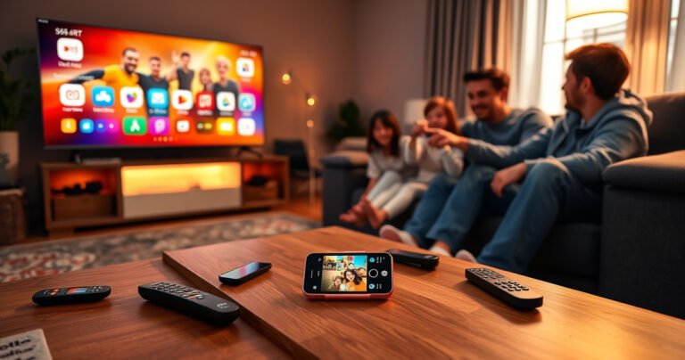 A cozy living room with a sleek smart TV displaying colorful app icons, an iPhone resting on a stylish coffee table, surrounded by scattered remote controls and a comfy sofa. Warm ambient lighting casts a welcoming glow, while a family sits together, eagerly pointing at the screen, illustrating the joy of seamless technology connection.