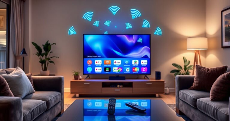 A sleek Samsung Smart TV glowing in a modern living room, surrounded by plush furnishings, with vibrant WiFi signals visualizing connectivity in the air. Soft ambient lighting creates a cozy atmosphere, while a user-friendly remote rests on a stylish coffee table, inviting viewers to explore the seamless world of streaming and connectivity.