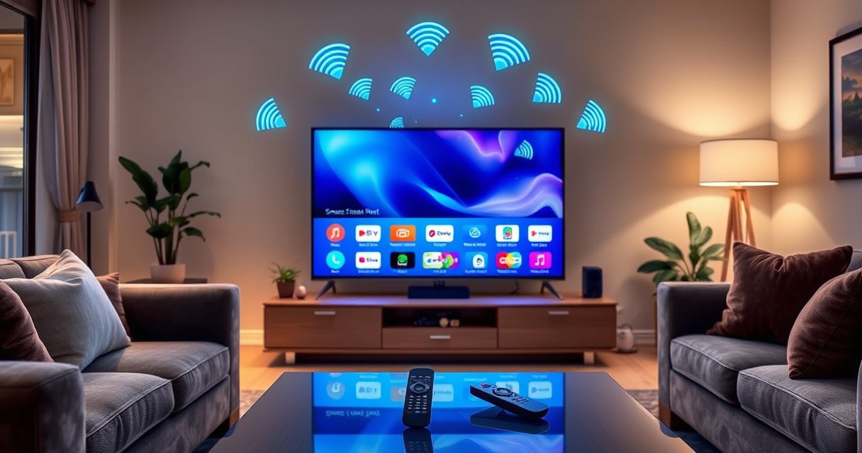 A sleek Samsung Smart TV glowing in a modern living room, surrounded by plush furnishings, with vibrant WiFi signals visualizing connectivity in the air. Soft ambient lighting creates a cozy atmosphere, while a user-friendly remote rests on a stylish coffee table, inviting viewers to explore the seamless world of streaming and connectivity.