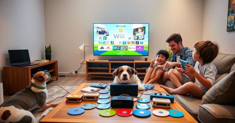 A cozy living room with a sleek smart TV displaying a vibrant Wii gaming interface, surrounded by colorful game controllers. Soft lighting highlights a family eagerly connecting cables, with a playful dog watching curiously. A coffee table is strewn with game discs, snacks, and a cheerful atmosphere of technology blending with family fun.