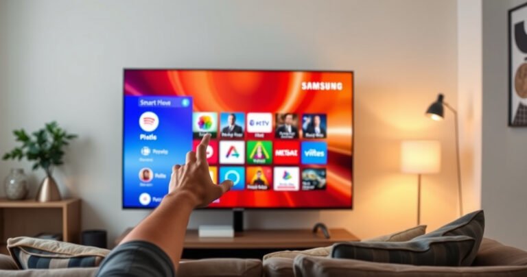 A sleek Samsung Smart TV displayed in a modern living room, showing a vibrant app menu on the screen. A hand reaches toward the screen, poised to tap an app icon. Surrounding elements include a cozy couch, stylish decor, and soft ambient lighting, evoking a sense of tech-savvy comfort and digital exploration.