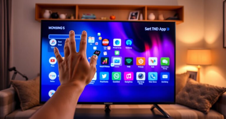 A sleek Samsung Smart TV displaying a vibrant, user-friendly interface, with colorful app icons in disarray. A hand reaches toward the screen, poised to select an app for deletion. The background features a cozy living room with soft lighting, a plush couch, and a warm ambiance, emphasizing technology in a home setting.