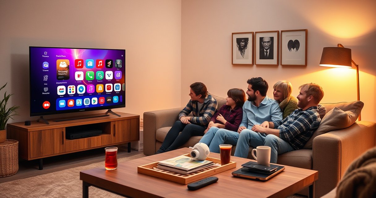 A cozy living room with a sleek smart TV displaying colorful app icons, a family gathered on a plush sofa, excitedly exploring the screen. Warm lighting from a nearby floor lamp casts a golden glow, while snacks and drinks are scattered on a coffee table adorned with tech gadgets, emphasizing a modern, connected lifestyle.