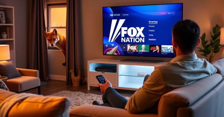 A cozy living room with a sleek smart TV displaying the Fox Nation logo, surrounded by plush furniture and warm lighting. A curious fox peeks through a window, while a person sits on a stylish couch, remote control in hand, ready to explore streaming options. A vibrant digital interface glows softly in the background.