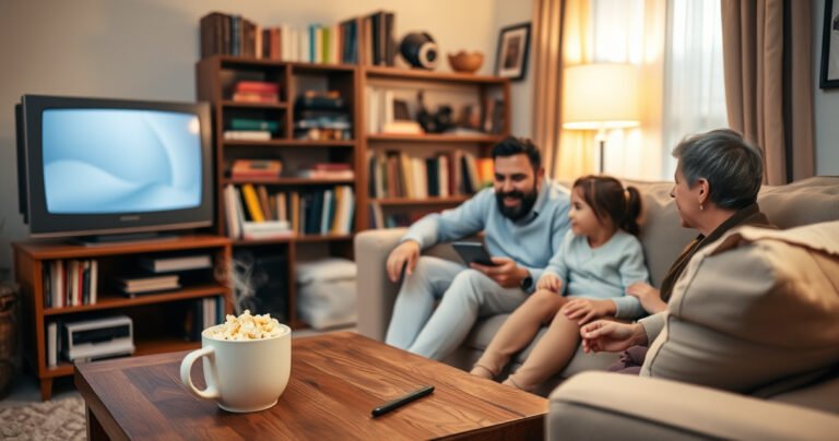 A cozy living room scene with a classic non-smart TV surrounded by colorful bookshelves, a steaming mug of popcorn on a wooden coffee table, and a family gathered on a plush couch, excitedly discussing how to connect devices, with a warm glow from a nearby lamp illuminating their faces.