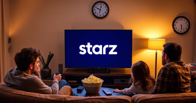 A cozy living room scene featuring a sleek smart TV displaying the Starz logo, surrounded by a family eagerly setting it up. Soft, warm lighting highlights a comfortable couch, popcorn bowl, and colorful remote controls, while a wall clock ticks in the background, representing the anticipation of movie night.