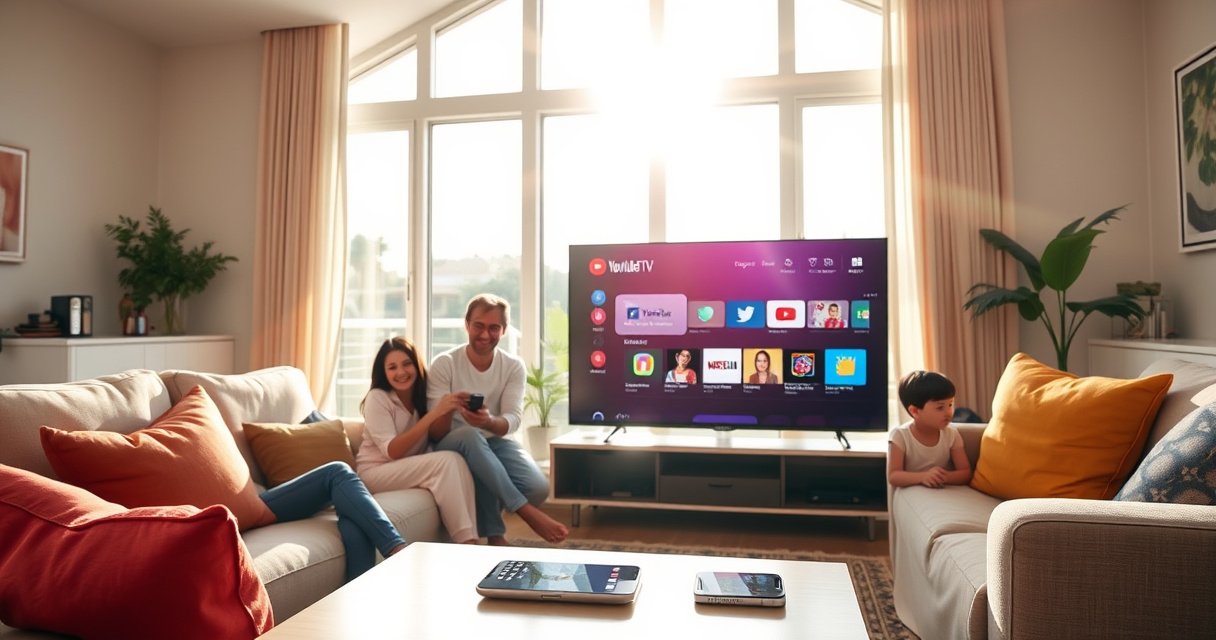 A modern living room featuring a sleek smart TV displaying the YouTube TV interface, surrounded by cozy furniture. A family is gathered, joyfully interacting with the TV remote, bright sunlight streaming through large windows, illuminating colorful decor. A subtle hint of technology, like a smartphone with a YouTube app icon, rests on a coffee table.