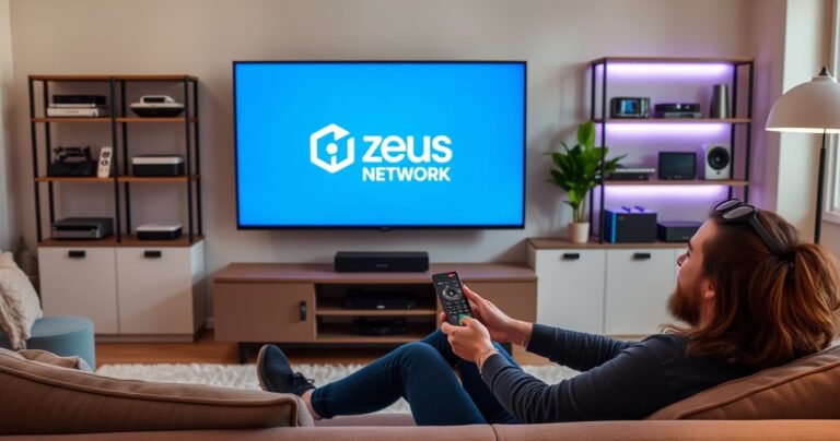 A modern living room featuring a sleek smart TV displaying the Zeus Network logo, surrounded by cozy furniture and soft lighting. A person sits on a plush couch, remote in hand, with a look of excitement. In the background, shelves filled with tech gadgets and a plant add a vibrant touch to the space.