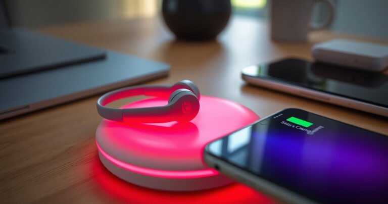A close-up of sleek Beats earbuds resting on a vibrant charging pad, glowing softly with a rich red light, surrounded by a modern, minimalist workspace. A smartphone with a battery icon showing charging status sits nearby, with a cozy atmosphere created by soft natural light streaming through a window.