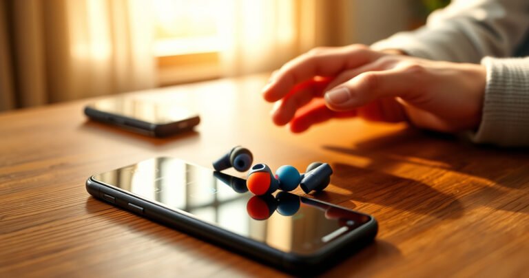 A close-up of vibrant JBL earbuds resting on a wooden table, surrounded by a smartphone displaying a Bluetooth settings screen, with soft sunlight filtering through a nearby window, creating a warm, inviting atmosphere, while a pair of hands gently reaches out to pick up the earbuds, suggesting a seamless connection and modern lifestyle.