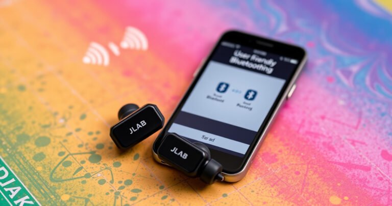 A close-up of a pair of sleek, modern JLab earbuds resting on a vibrant, textured background, surrounded by colorful sound waves and Bluetooth symbols, with a smartphone displaying a user-friendly pairing interface nearby, evoking a sense of technology and connectivity in a lively, energetic atmosphere.