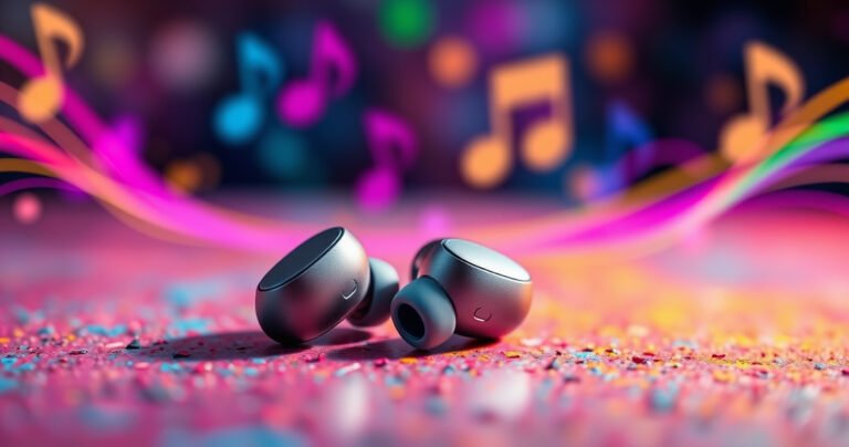 A close-up of two sleek wireless earbuds resting on a vibrant, textured surface, surrounded by colorful sound waves swirling around them, symbolizing connectivity. Soft, glowing light highlights the earbuds' contours, while an abstract background of musical notes and digital symbols hints at technology and harmony, inviting readers to explore the world of pairing devices effortlessly.