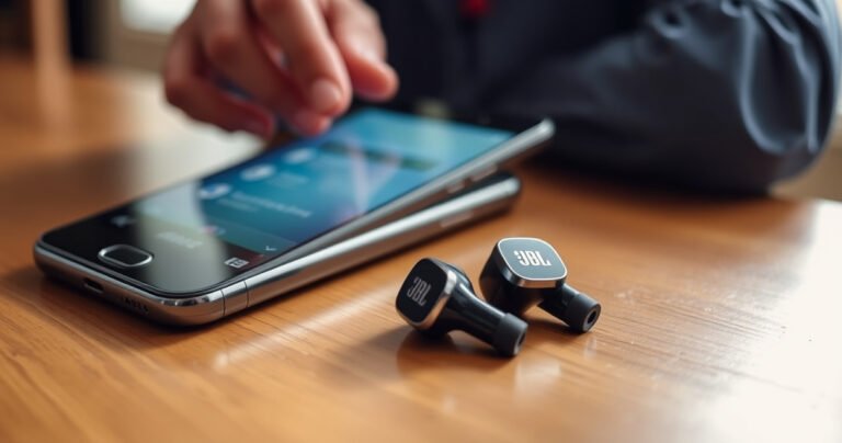 A close-up of a stylish pair of JBL earbuds resting on a wooden table, surrounded by a vibrant smartphone displaying Bluetooth settings, with soft, natural light streaming in from a nearby window, and a hand reaching towards the phone, exuding a sense of effortless technology and modern lifestyle.