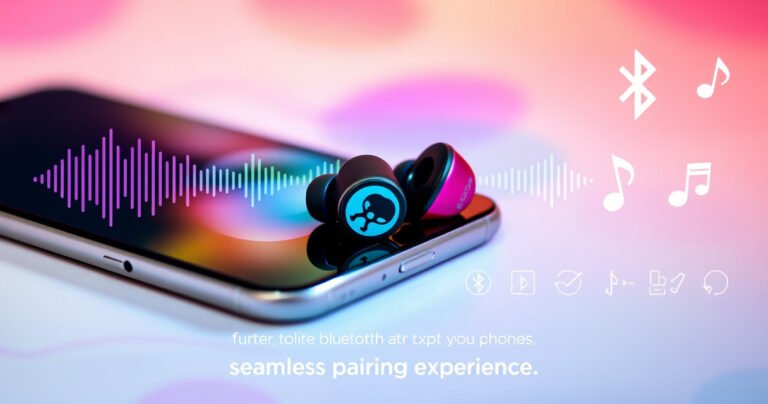 A close-up view of colorful Skullcandy earbuds resting on a sleek, modern smartphone, with vibrant soundwave graphics emanating from the device, surrounded by a soft, inviting background of abstract audio patterns and pastel colors, symbolizing connectivity and the seamless pairing experience, accompanied by playful icons of Bluetooth signals and music notes.