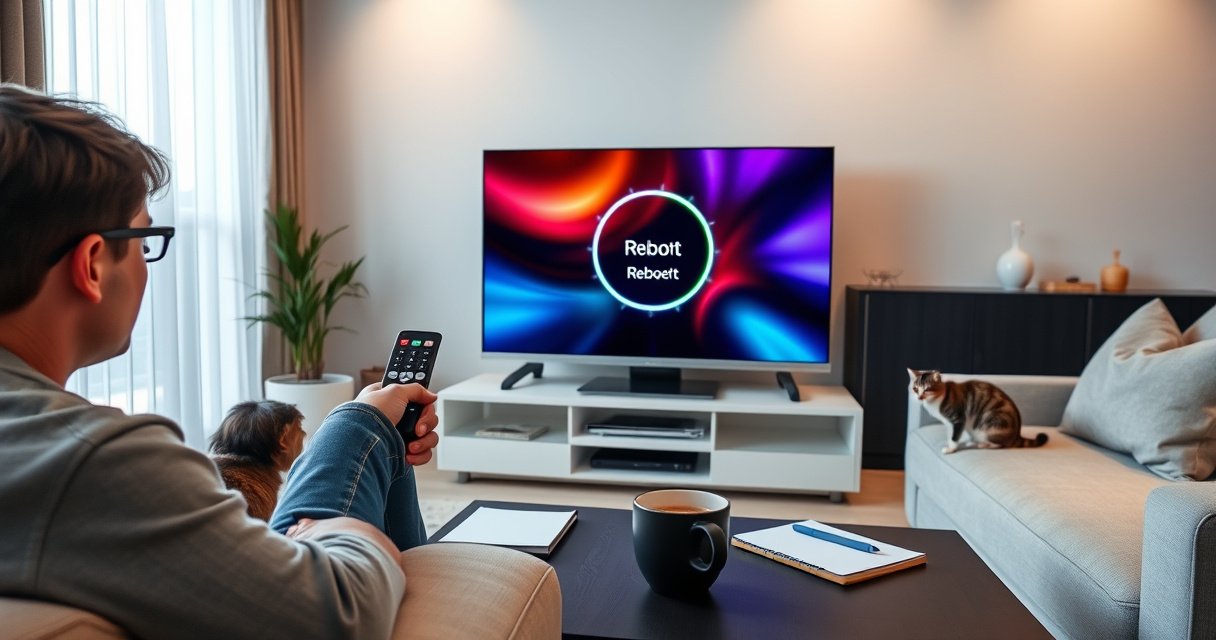 A modern living room with a sleek LG Smart TV displaying a colorful reboot screen, surrounded by cozy furniture and soft lighting. A person is seated on the couch, looking at the TV with a remote in hand, while a curious cat watches nearby. A coffee table holds a notepad and a steaming mug.
