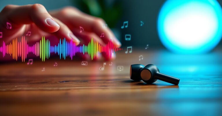 A close-up of a pair of sleek wireless earbuds resting on a wooden table, surrounded by a vibrant array of colorful sound waves and digital icons representing connectivity, with a blurred hand gently reaching for them, symbolizing the process of resetting. A calming blue ambient light glows softly in the background, inviting exploration.